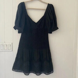 Catherine Malandrino Black Cotton Mini Cotton Flare Dress Puff Sleeve Size 8
